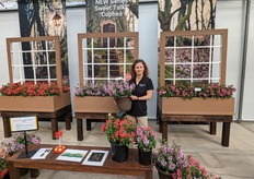 Robin Ruether of PanAmericanSeed. For heat-loving flower gardens, here is a new cuphea series from PanAmerican Seed called Sweet Talk™ "It is a natural source of nectar and the flowers attract pollinators like bees and hummingbirds." Product development manager Robin Ruether says the series offers a more refined plant form compared to other cuphea, with tighter branching and less gaps. She’s holding a lovely Lavender Splash variety. There is also a unique Red and Deep Pink.